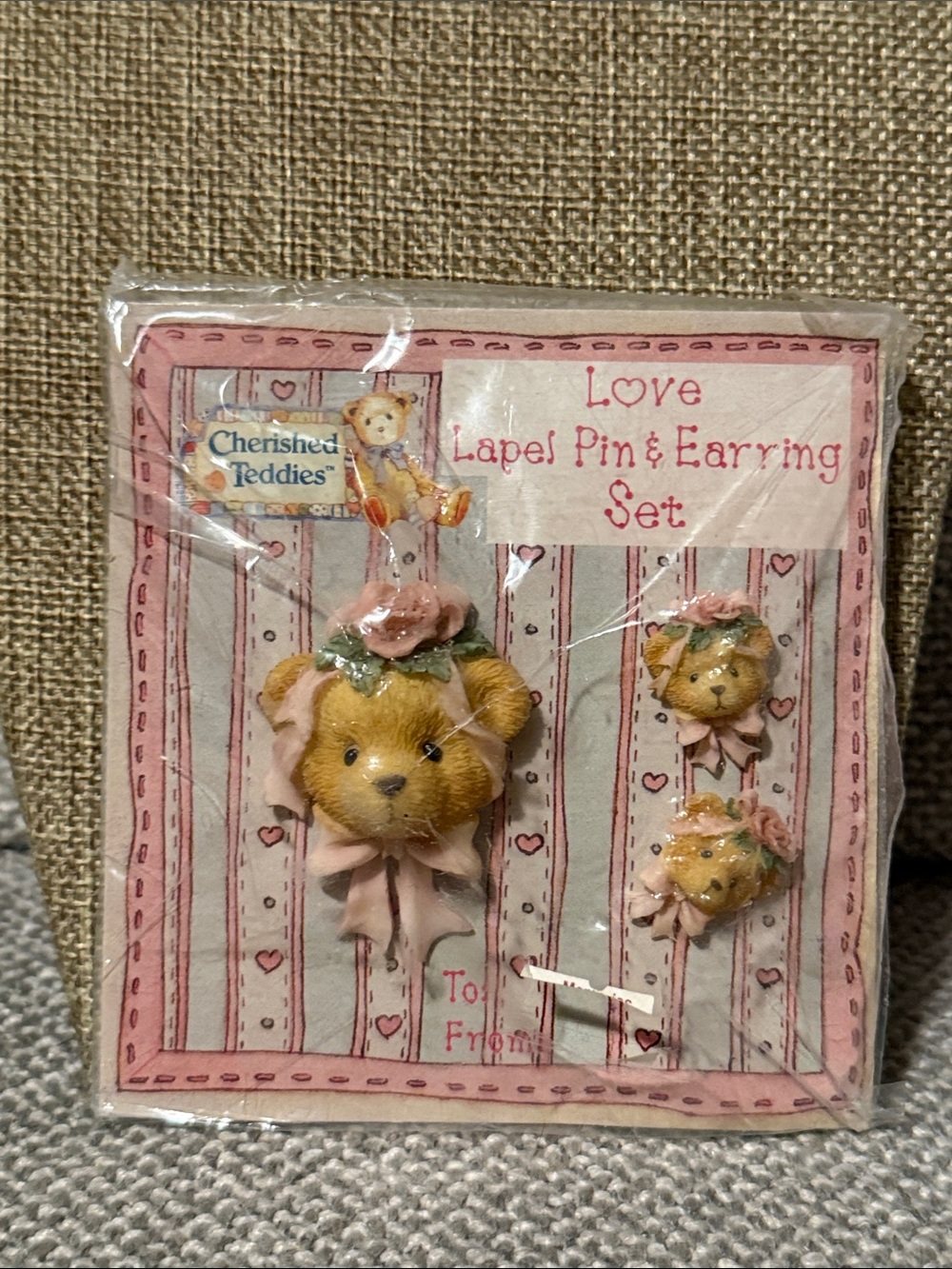 Cherished Teddies Pink Bear Lapel Pin & Earring Set 1995